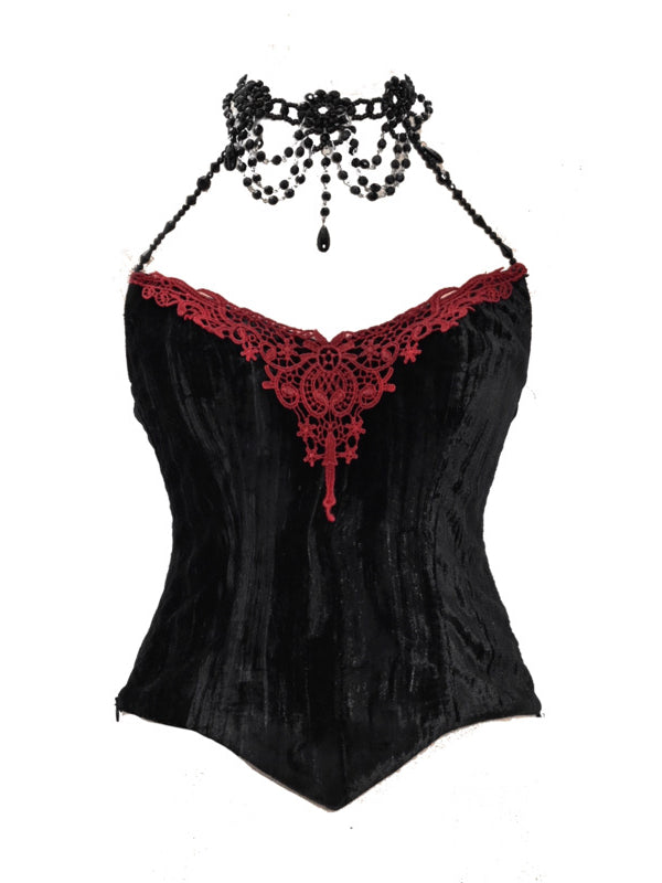 Victorian Goth Handmade Beads Halter Neckline Velvet Corset Top