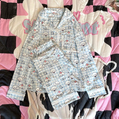 White & Blue Plaid Puppy Print Pajama Set Short/Long Sleeves Options