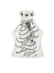 White Punk Halter Top with Spine Graphic Print & Bead Details