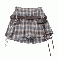 Y2K Lace-up Detail Black & White/ Khaki Plaid Skort with Buckle Belt and Chain