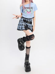 Y2K Light Blue Buckle Strap Tiered Plaid Skirt