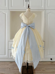 Yellow V-neck Princess Belle Lolita Dress with Detachable Blue Bows