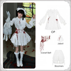 White Gothic Lolita Set - Short Version OP + Asymmetrical Corset Belt + Bloomers + Jabot Brooch