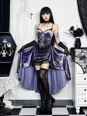 Halloween Purple Gothic Mermaid High-Low Slip Dress with Black Lace & Cross Embellishments