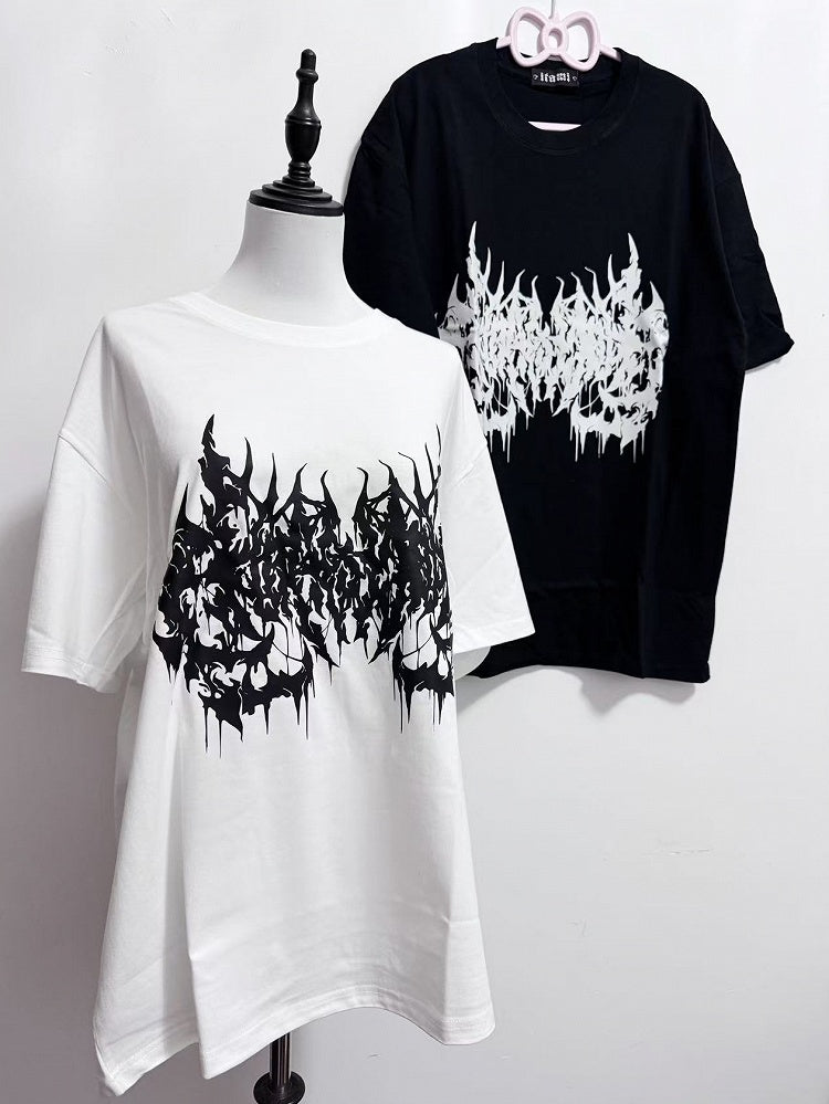 White/Black Jirai Kei Butterfly Print Round Neck T-shirt