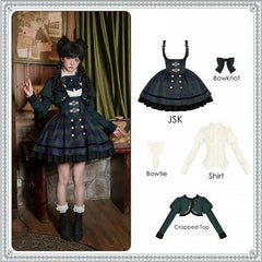 Green Preppy Style Lolita Set - Short Version Under Bust JSK + Shirt + Cropped Top