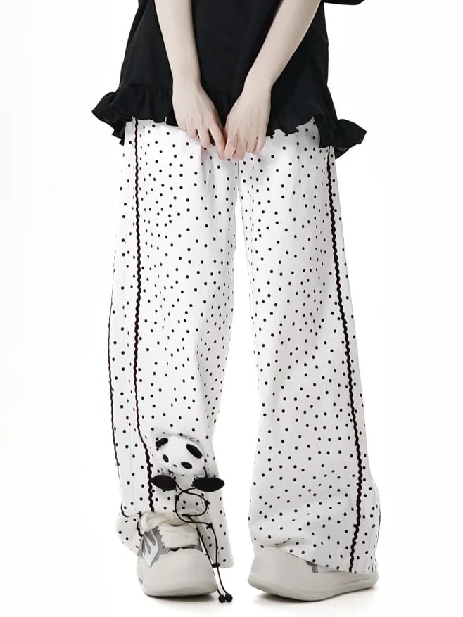 White Polka-Dot Pattern Cotton Straight-Leg Pants with Panda Plushie