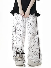 White Polka-Dot Pattern Cotton Straight-Leg Pants with Panda Plushie