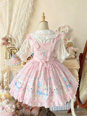 Pink Kitty and Polka Dots Pattern Print Sweet Lolita Overall Dress