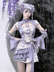 Purple Cheongsam Collar Short Sleeves Top Tassel Charm Decorated