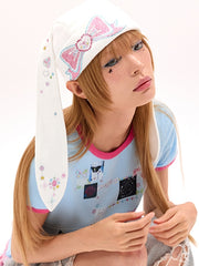 Y2K Bunny Ear Design Rhinestone Bow White Hat