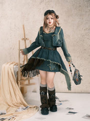 Plus Size Y2K Gray-Blue Distressed Denim Slip Dress with Layered Asymmetrical Hem & Star Patch