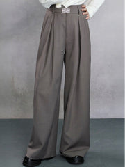 Wide Leg Design with Decorative Metal Plates & Angled Pockets Gray Pants in Chinese Style