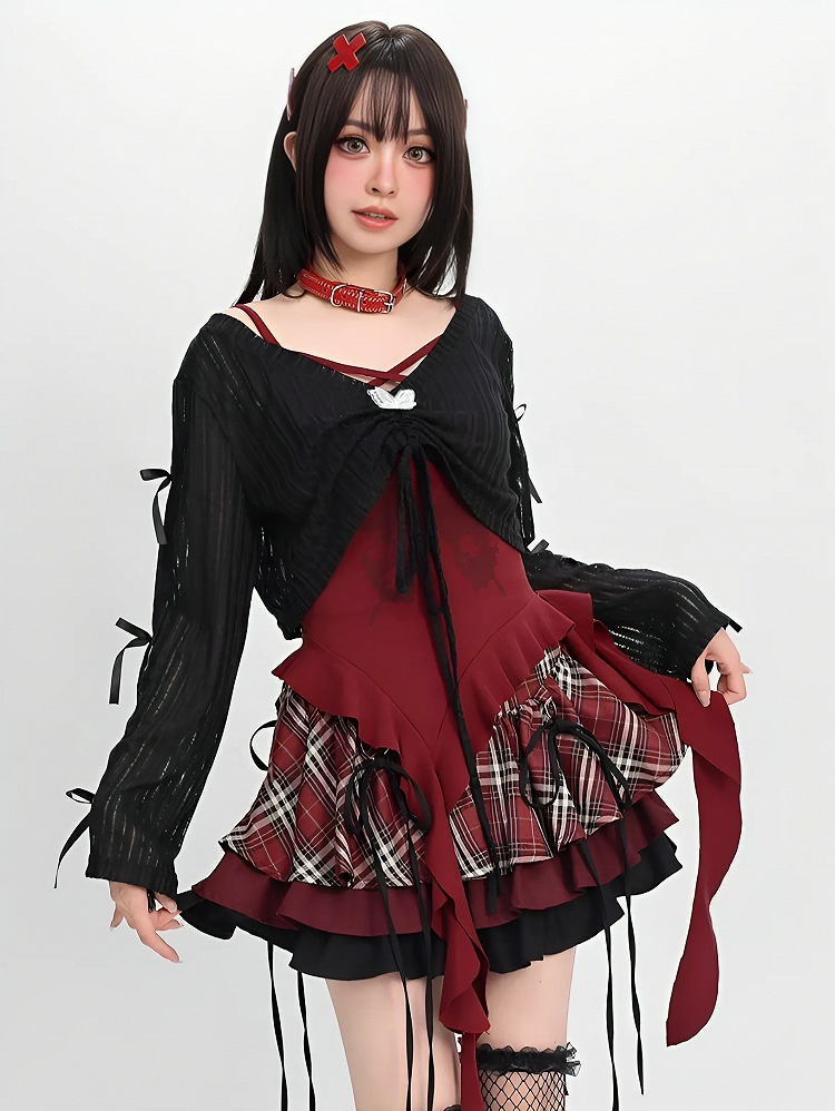 Red Cascading Ruffles Cami Top with Black Coverup Set