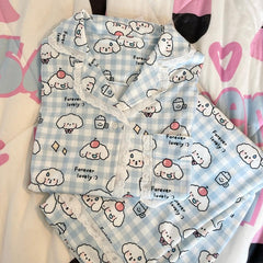 White & Blue Plaid Puppy Print Pajama Set Short/Long Sleeves Options