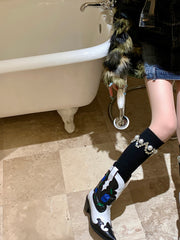 White/Gray/Milk White Under-the-Knee Stackable Socks with Bead & Rhinestone