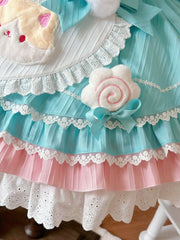 Kitty-themed Green & Pink Sailor Collar Sweet Maid Lolita Dress with Heart Apron