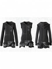 Wasteland Punk Dark Gray Y2K Hoodie Dress with Detachable Sleeves & Layered Plaid Skirt
