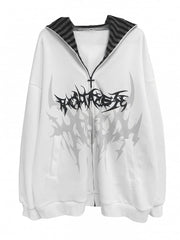 White Emo Punk Graphic Zip Hoodie