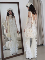 Bead and Butterfly Details Beige Bowknot Canvas Crossbody with Ruffle Trim