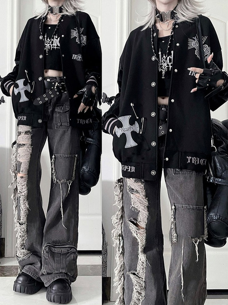 Vintage Gothic Black Baseball Jacketwith Gray Striped Cuff&Crown+Wing Print