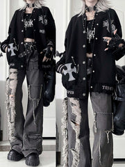 Vintage Gothic Black Baseball Jacketwith Gray Striped Cuff&Crown+Wing Print