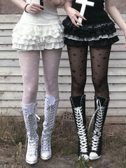 Clearance - Size for Waist 58-74cm Gothic Black Elastic Waist Tiered Cross Lace Trim Bloomers Skort