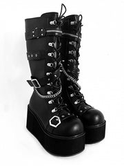 Studs Chains Metal Punk Matte Black Platform Boots