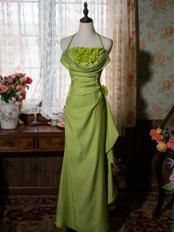 Vintage Green Halter Neck Floral Prom Gown Fairy Dress