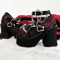 Studs Design Lace Red High Block Heel Platforms Round Toe Punk Shoes