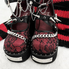 Studs Design Lace Red High Block Heel Platforms Round Toe Punk Shoes