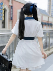 White Sailor Collar Academy Chiffon Dress with Puff Sleeves and Belt