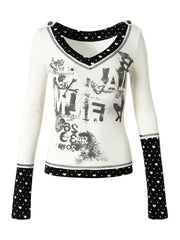 White Punk Rock Top with Heart Pattern & Patch Pocket