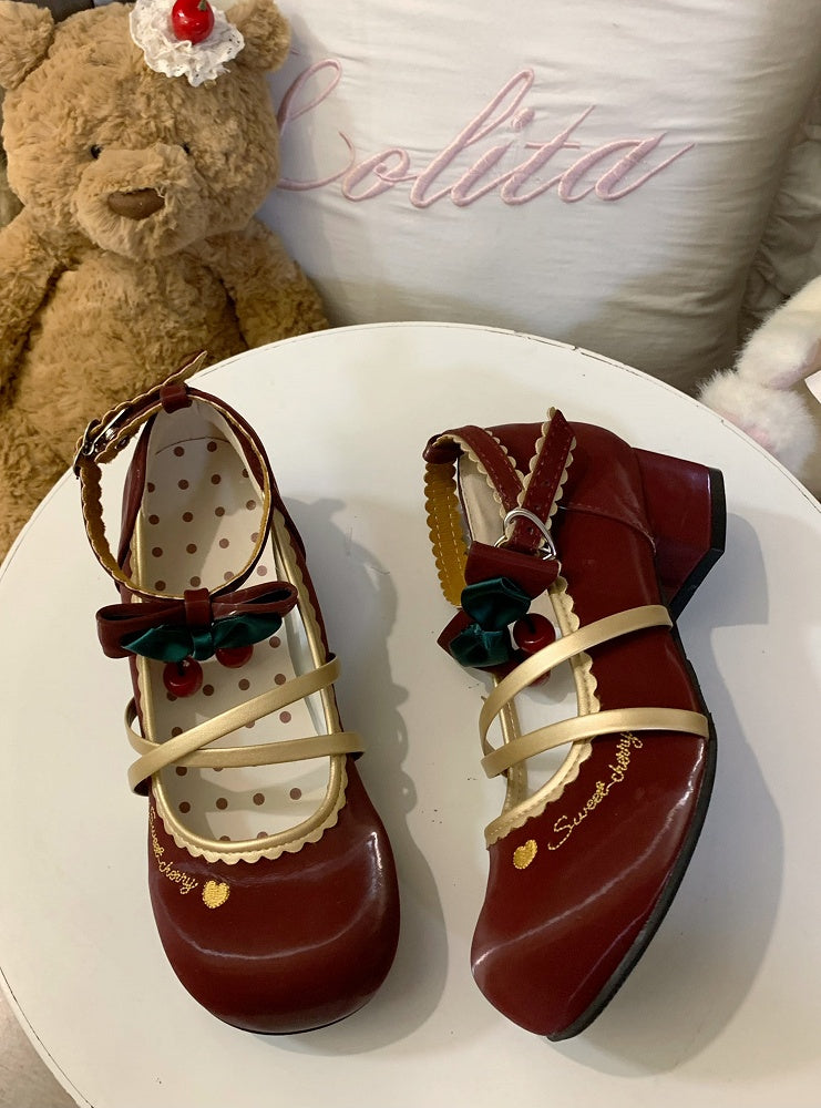 Wine Red Sweet Lolita Low-heel Mary Janes with Scalloped Hem & Bow Accents
