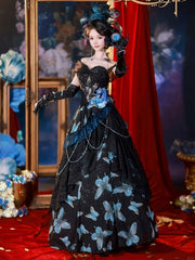 Black & Blue Butterfly Print Off-the-shoulder Lolita Dress+Skirt+Birdcage Petticoat+Hairclips+Necklace+Earrings+Wrist Cuffs Set