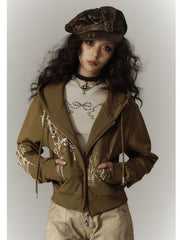 Green / Light Gray Hooded Jacket with Two-way Zip Placket and Drawstring Hood