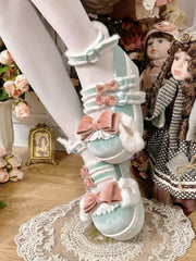 Sweet Green & Pink Mary Jane Shoes - Cozy Plush Interior with Rabbit Ear Bow & Lace Edging
