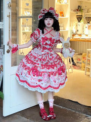 Red Strawberry Cake Print Sweet Lolita Dress with Scalloped Edge Trim and Bow Accents