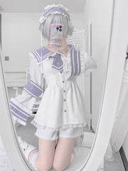 Jirai Kei Nautical Fashion Set - White and Purple Bell Sleeves Top with Matching Shorts