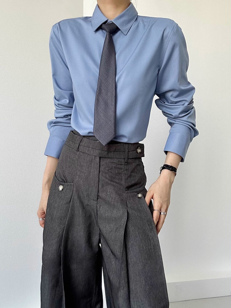 Ouji Lolita Dusty Blue Pointed Flat Collar Unisex Modal Long Sleeve Shirt with Button Cuffs