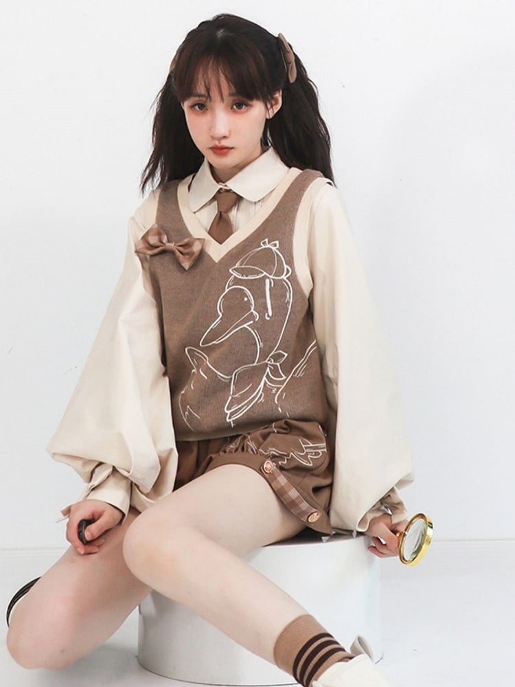 Detective Goose Embroidery Knitted Vest