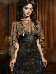 Gold High-low Design Cutout Back Shawl with Tassels and Bead Chain