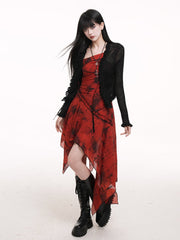 Black Cropped Cardigan with Ruffle Trim & Tie-Front Design