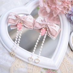 Jirai Kei Dusty Pink / Black Bowknot Hairclips with Strawberry and Beaded Heart Charm
