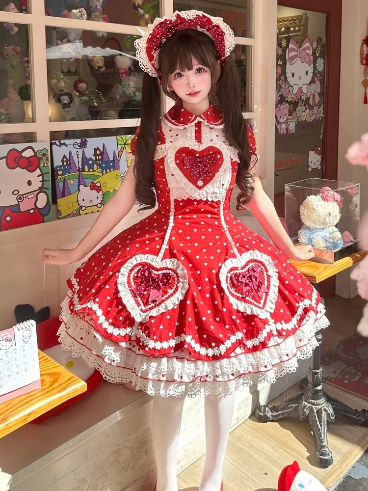 Red & White Heart Polka Dot Sweetheart Applique Sweet Lolita Dress with Bow Accents
