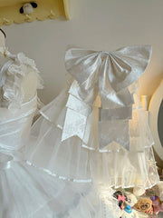 White & Silver Princess Lolita JSK Dress with Layered Ruffle Skirt and Bow Accents