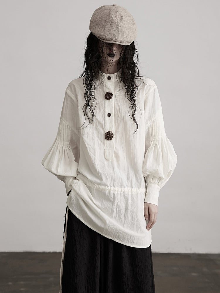 Urban Goth White Drawstring Design Puff Sleeve Shirt