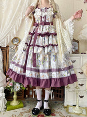 Blueberry and Ice Cream Print Tiered Skirt Purple Ruffle Trimming Lolita Dress