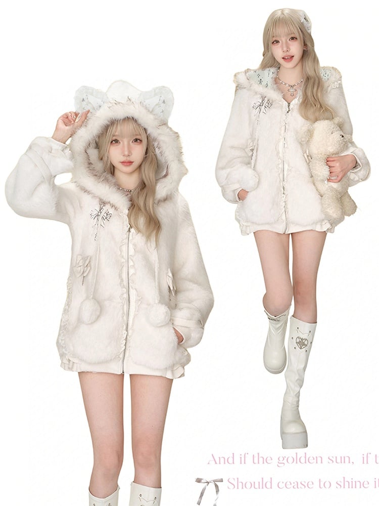 Thicken Version Daily Kawaii Plush Hooded Jacket - Cat Ear Hood, Lace Trim & Cross Accents with Bow Details