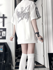 White Punk Short Sleeve Zip-Up Jacket with Black Text Stripes & Cross Print